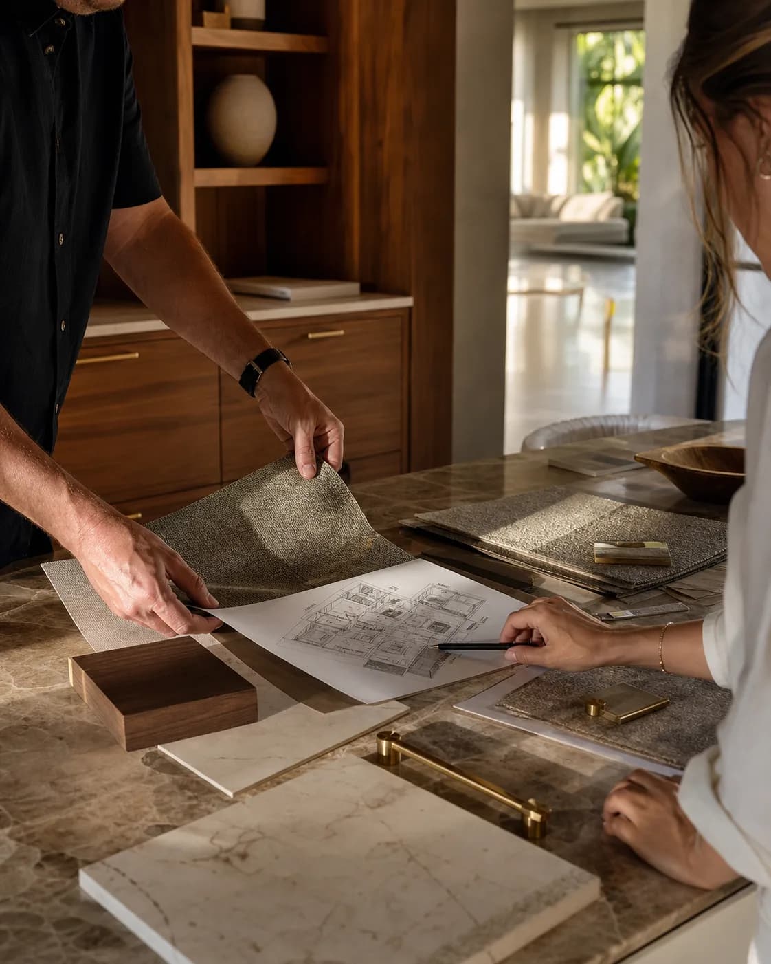 Especialistas revisando planos y materiales para una remodelación